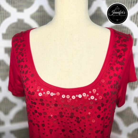 Relativity Red Sequin Scoop Neck Short Sleeve Knit Top Size PL - Picture 3 of 10